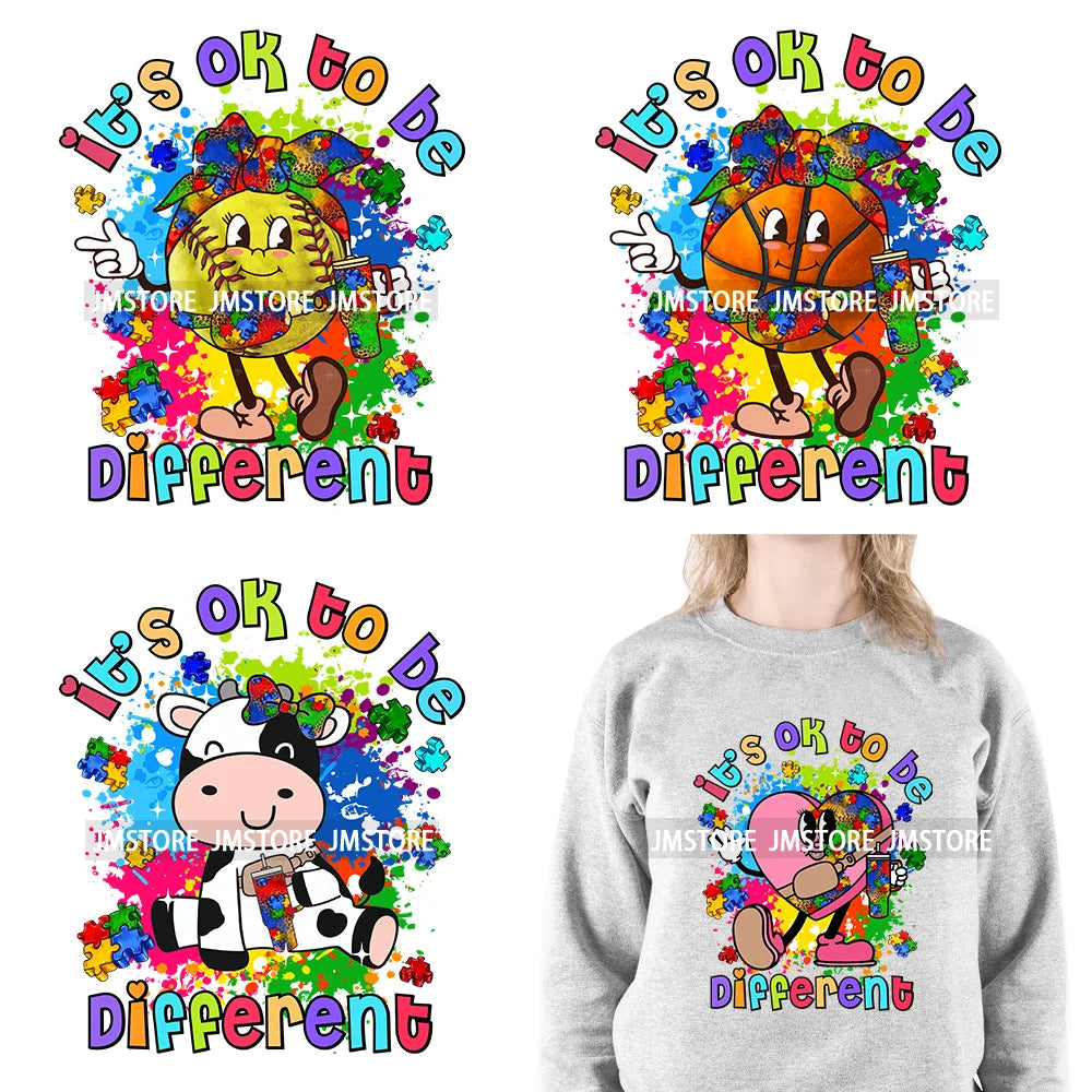 Colorful Autism Awareness Printing It's Okay To Be Different Iron On Heat Press DTF Transfer Stickers Ready To Press For Clothes