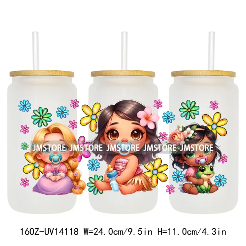 Cartoon Baby Princess Floral Flowers UV DTF Wraps Transfer Stickers Ready To Apply Waterproof For 16OZ Libbey Glass Can Tumblers