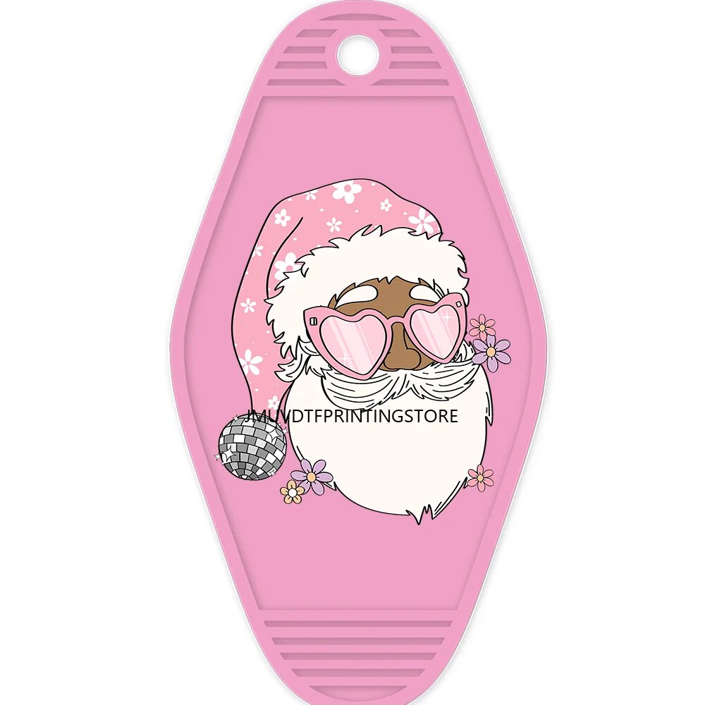 Pink Christmas Santa Claus High Quality WaterProof UV DTF Sticker For Motel Hotel Keychian  Merry Christmas Holiday