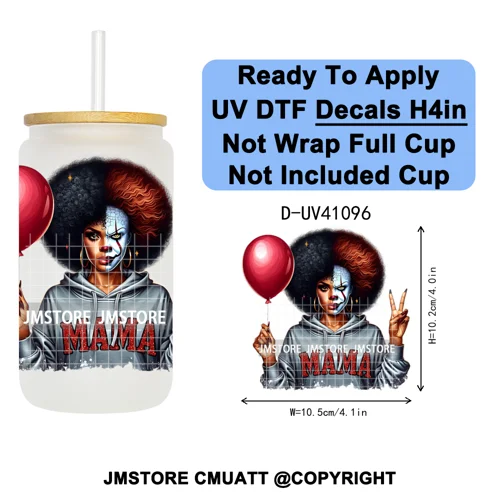 Scary Movie Character Afro Girls Halloween UV DTF Transfer Stickers Decals Ready To Apply Waterproof For 16OZ Libbey Glass Can