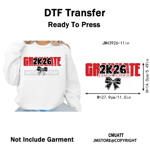 College Mega Senior 2K26 Coquette Class of 2026 Iron on Washable DTF Heat Transfers Stickers Ready to Press for Textiles Bags