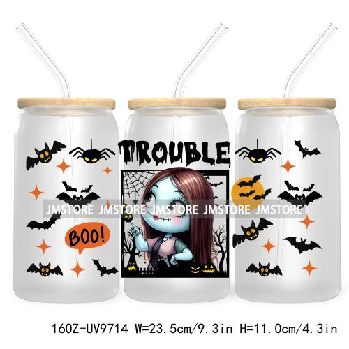 Halloween Double Trouble UV DTF Sticker For 16OZ Libbey Glass Cup Can Wrap Horror Princess Transfer Printing Custom Labels Logo