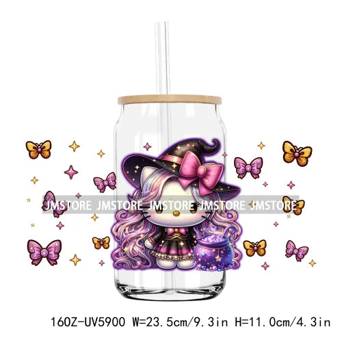 Flower Cartoon Cat With Pink Bow 16OZ UV DTF Cup Wrap Transfer Sticker Custom Label Durable Waterproof Logo For Libbey Glass Can