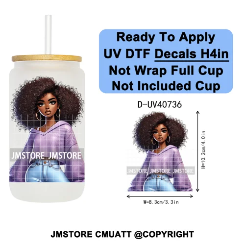 Big Hair Fashionable Black Girl UV DTF Decals Ready To Apply Waterproof Transfer Stickers DIY Crafts For 16OZ Libbey Glass Can