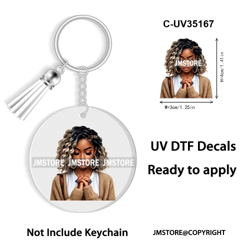 Christian Jesus God Pray Afro Girl UV DTF Decal Round Keychain Ready To Apply WaterProof Transfer Stickers For Circle Keychain