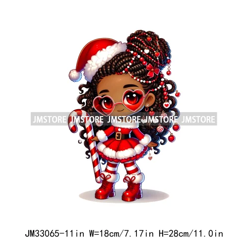 Chibi Candy Santa Girl African American Characters Merry Christmas Gift Iron On DTF Transfer Stickers Ready To Press For Clothes