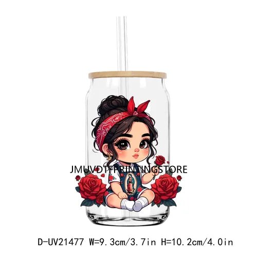 Chibi Cute Chicana Doll With Rose UV DTF Transfers Stickers Decals For Libbey Cold Cups Mugs Tumbler Mexico Waterproof DIY Logo