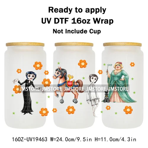 Horror Movie Witchy Girl Black Cat UV DTF Wraps Transfer Sticker Selfadhesive Waterproof High Quality For 16OZ Libbey Glass Can