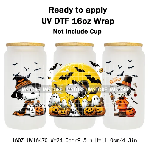 Spooky Ghost Halloween Pumpkin Cartoon Dog 16OZ UV DTF Cup Wraps Ready To Apply Waterproof Transfer Sticker For Libbey Glass Can