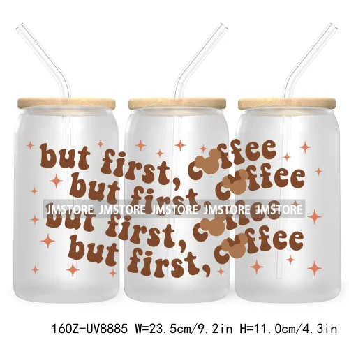 But First Coffee UV DTF Cup Wraps For 16OZ Libbey Glass Can Cups Tumbler Waterproof Labels Transfer Stickers Cartoon Mouse