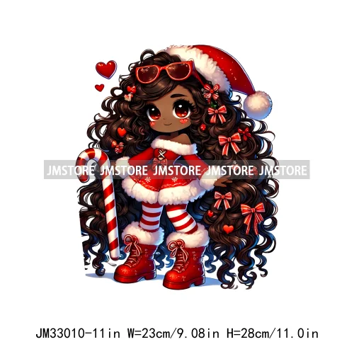 Fashion Black Santa Girls Candy Cane Afro Kids Christmas Season Iron On DTF Transfers Stickers Ready To Press For Sweatshirts