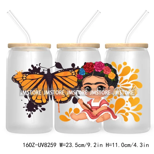 Mexican Butterfly Flowers 16OZ UV DTF Cup Wrap Transfer Sticker Custom Label Waterproof Logo For Libbey Glass Can Latina Culture