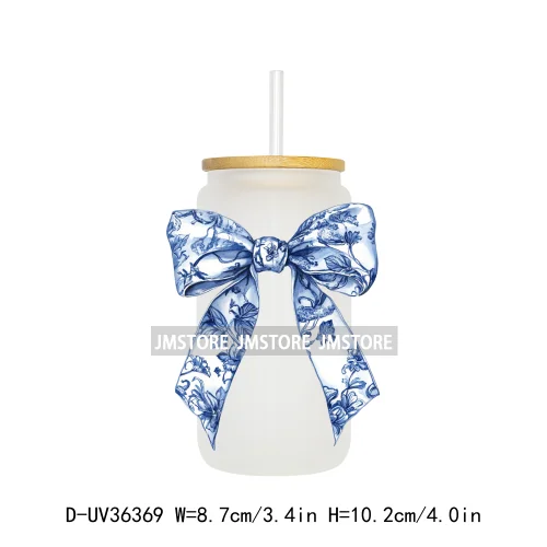 Blue Chinoiserie Coquette Bow UV Sticker Decals For Libbey Cold Cups Mug Tumbler Transfer Stickers Waterproof Top Quality Prints
