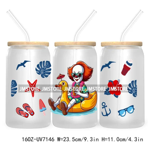 Horror's Summer Vacation 16OZ UV DTF Cup Wrap Transfers Stickers For Libbey Glass Can Cups Tumbler Waterproof Craft Cartoon Girl