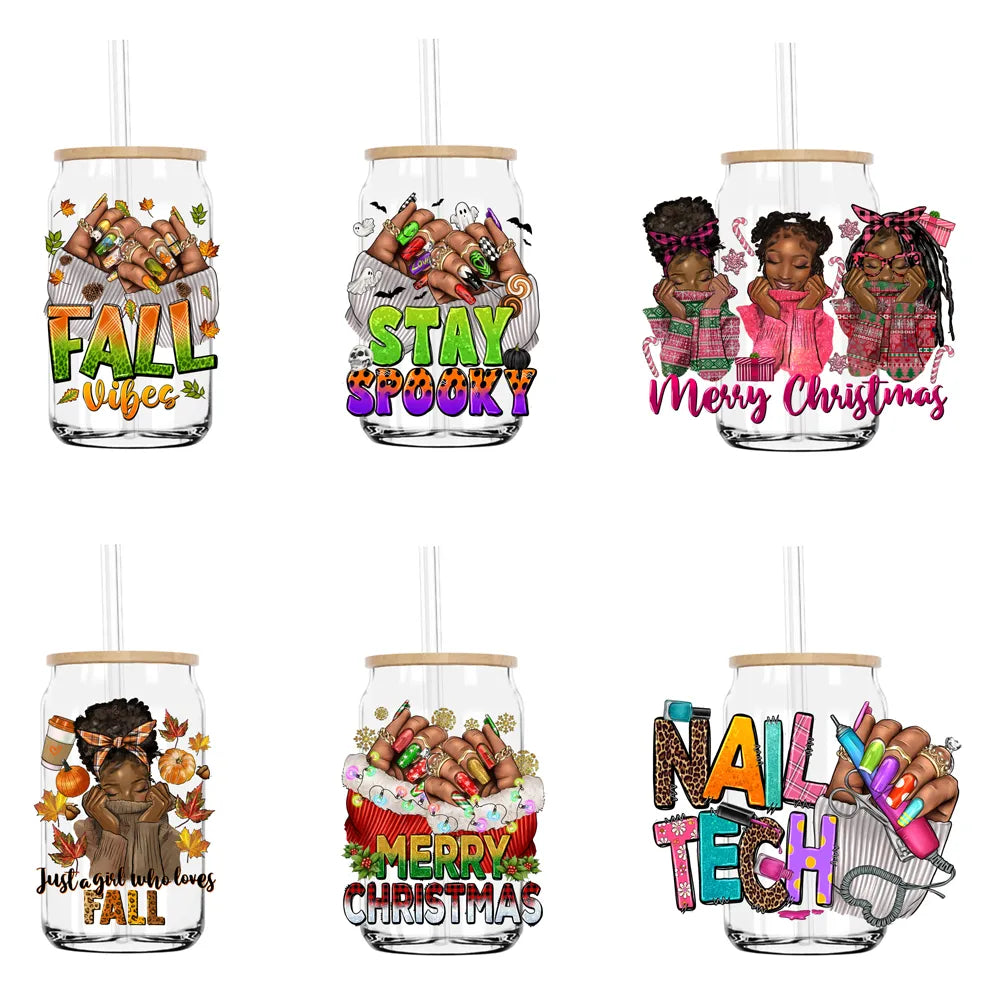 Just A Girl Who Love Fall Afro Black Girl UV DTF Transfer Stickers Decals For Libbey Cold Cups Mugs Tumbler Waterproof DIY Craft