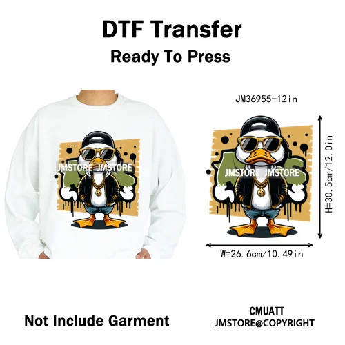 12in Cool Urban Trap Style King Animal Rich Ducks With Gold Chain Iron on DTF Heat Transfer Sticker Ready to Press for Clothing