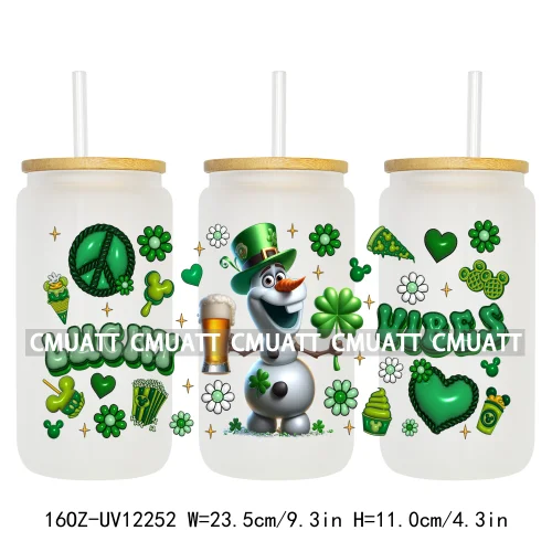 Happy St Patricks Cartoon Princess Characters Feeling Lucky Four Leaf Clover 16OZ UV DTF Cup Wrap Sticker For Libbey Glass Can