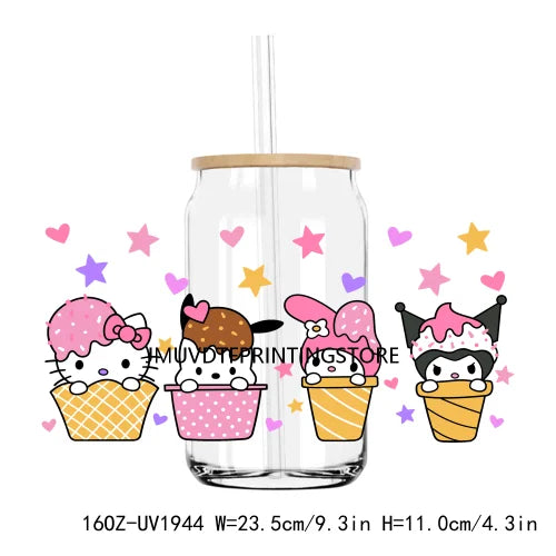 Cute Bear And Cat Coffee UV DTF Sticker For 16OZ Libbey Glass Cup Can Cartoon Cars Wrap Transfer Sticker Custom Labels DIY Logo