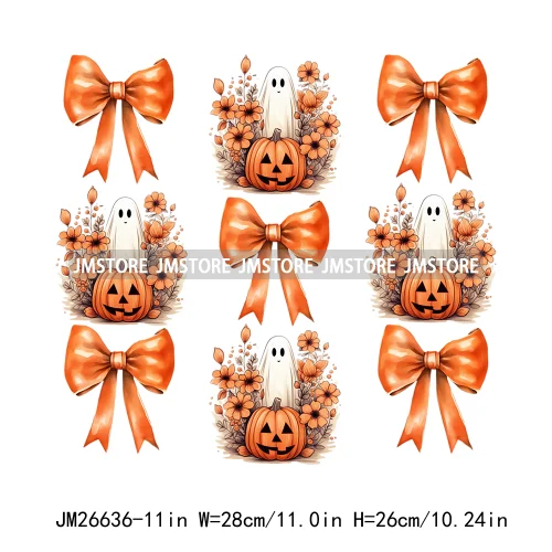 Colorful Halloween Spooky Season Cute Ghost Pumpkin Girly Coquette Bow DTF Iron On Transfers Stickers Ready To Press For T-shirt