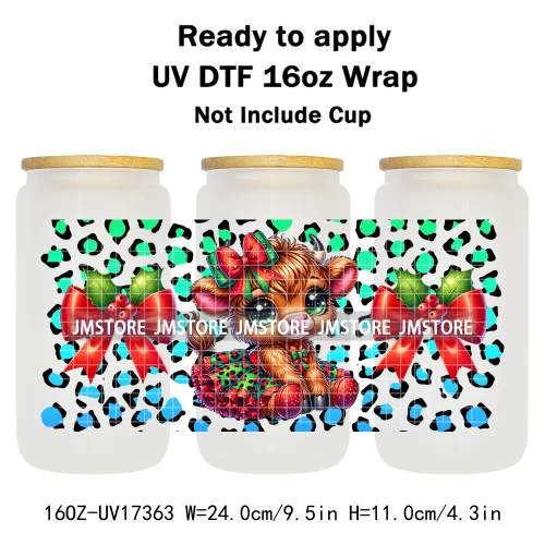Watercolor Christmas Highland Cows Gift Leopard Print 16OZ UV DTF Cup Wraps Ready To Apply Transfer Sticker For Libbey Glass Can