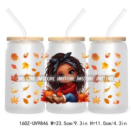 Afro African Girl 16OZ UV Cup Wrap DTF Transfer Stickers For Libbey Glass Can Cups Tumbler Fall Season Autumn Waterproof Labels