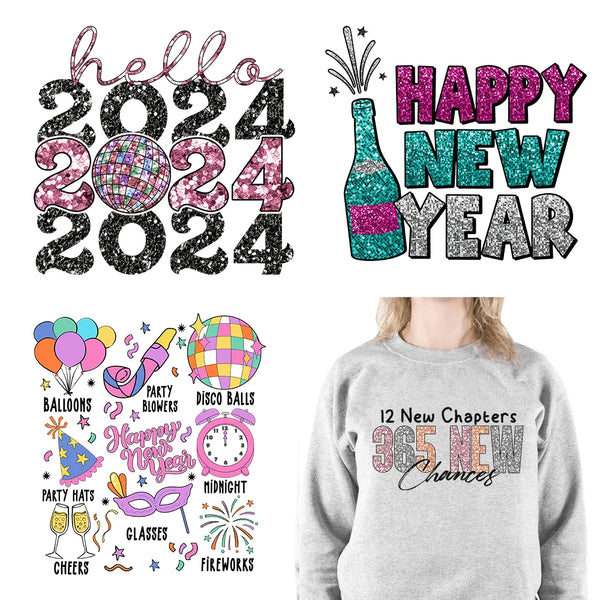 Hello 2024 Plastisol Decals In My 2024 12 New Chapters 365 New Chances Era Faux Glitter DTF Heat Transfer Sticker For Hoodies