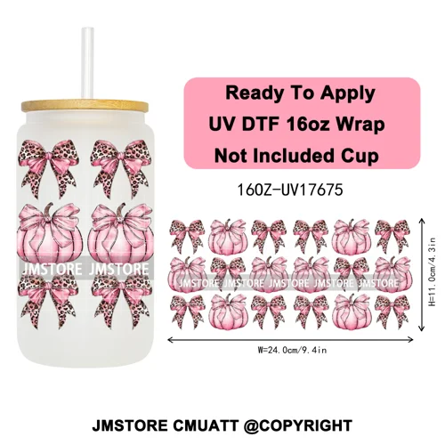 Halloween Fall Autumn Pumpkins Coquette Leopard Bow UV DTF Cup Wrap 16OZ Ready To Apply Transfer Stickers For Libbey Glass Can