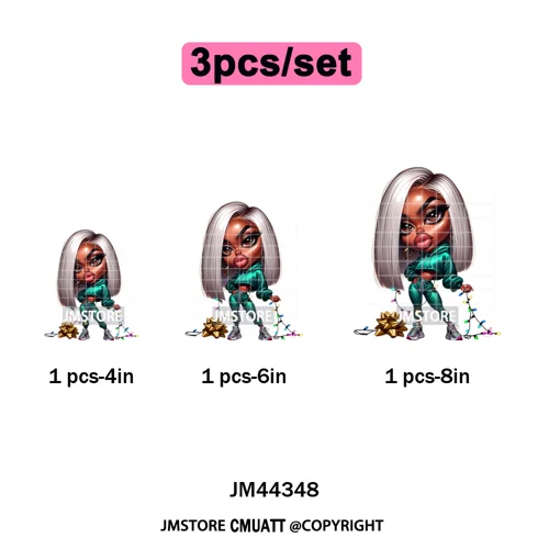 Cool African Melanin Girls Christmas Season Holiday Moody Iron on Washable DTF Heat Transfer Stickers Ready to Press for Hoodies