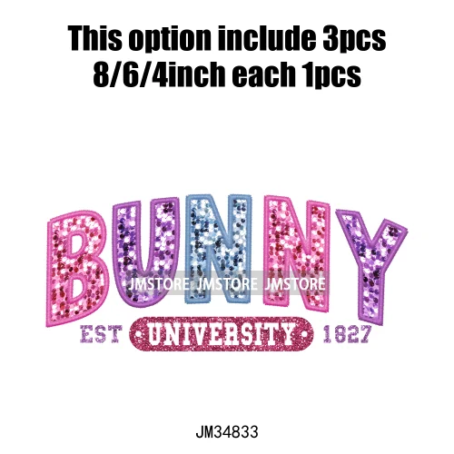 Colorful Faux Sequin Glitter Happy Easter Bunny University Letters Iron On DTF Transfers Stickers Ready To Press For Hoodies