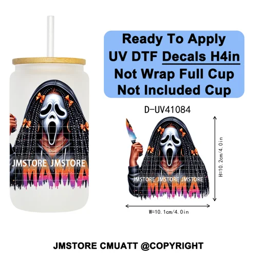Scary Movie Character Afro Girls Halloween UV DTF Transfer Stickers Decals Ready To Apply Waterproof For 16OZ Libbey Glass Can