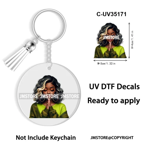 Christian Jesus God Pray Afro Girl UV DTF Decal Round Keychain Ready To Apply WaterProof Transfer Stickers For Circle Keychain