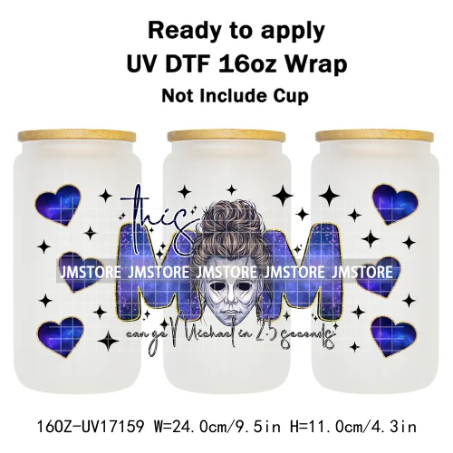 Halloween Horror Movies Mom Messy Bun UV DTF Stickers Ready To Apply Cup Wrap Custom Labels DIY Craft For 16OZ Libbey Can Glass