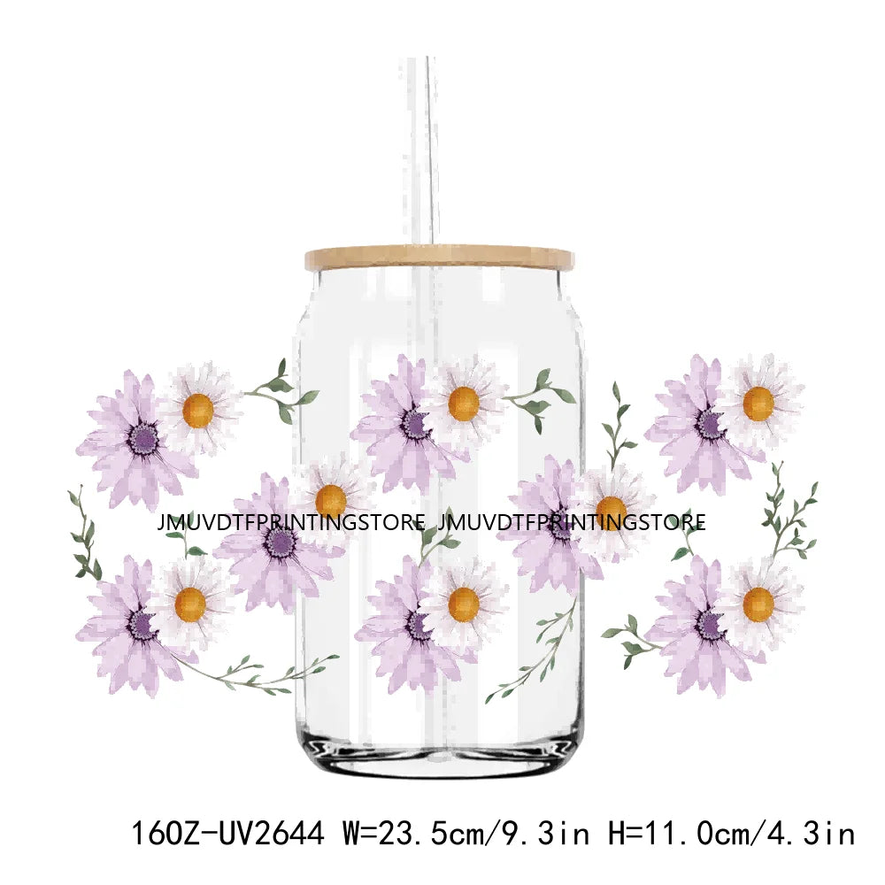 Colorful Wild Floral Flowers 16OZ UV DTF Cup Wrap Transfers Stickers Custom Labels DIY Waterproof Logo For Libbey Glass Can