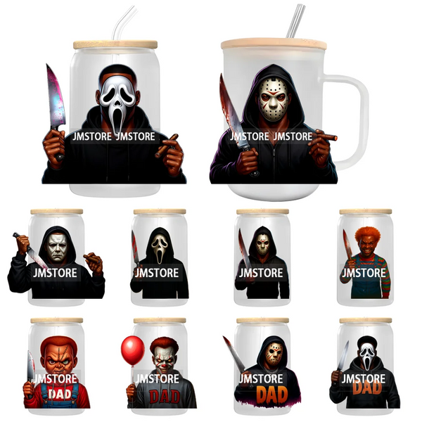 Black Horror Dad Halloween Spooky Daddy UV DTF Decals Ready To Apply Waterproof Transfer Stickers For 16OZ Libbey Glass Can Cups