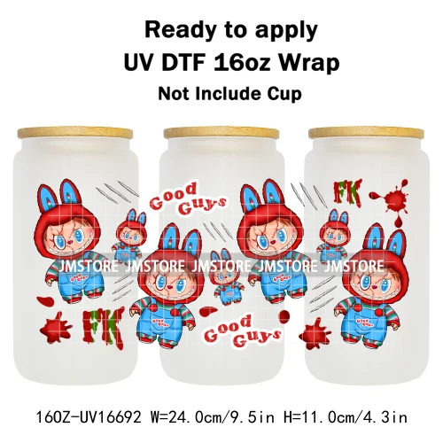 Laboo Cartoon Horror Halloween Characters 16OZ UV DTF Cup Wraps Ready To Apply Waterproof Transfer Stickers For Libbey Glass Can