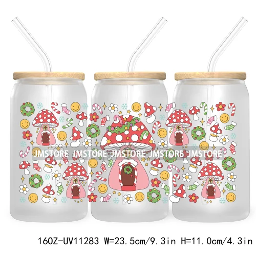 Happy New Year Christmas Tree Gingerbread 16OZ UV Cup Wrap DTF Transfer Stickers For Libbey Glass Can Cups Tumbler Waterproof