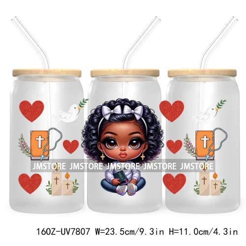 Cute Black Afro Girls 16OZ UV DTF Cup Wrap Transfer Stickers For Libbey Glass Can Cups Tumbler Waterproof Labels Christian Cross