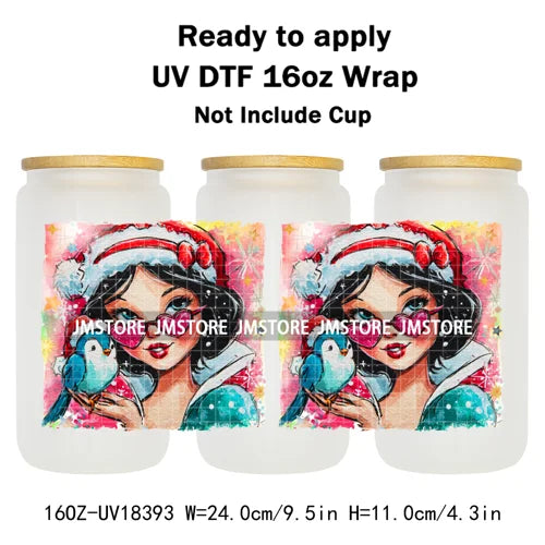 Brushstroke Christmas Glitter Princess UV DTF Cup Wrap Ready To Apply Transfer Stickers 16OZ Tumbler Wraps For Libbey Glass Can