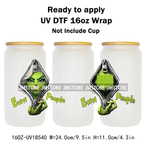 Coquette Bow Christmas Green Character UV DTF Stickers Ready To Apply Cup Wrap Custom Labels DIY Craft For Libbey Glass Can Mugs