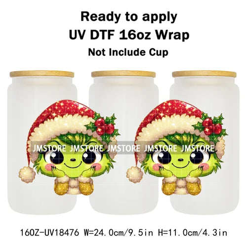 Faux Glitter Christmas Girl Green Guy UV DTF Stickers Ready To Apply Cup Wrap Custom Labels DIY Craft For Libbey Glass Can Mugs