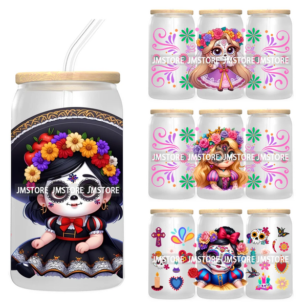 Dia De Los Muertos Mexican UV DTF Sticker For 16OZ Libbey Glass Cup Can Wrap Transfer Stickers Hispanic Halloween Sugar Skulls