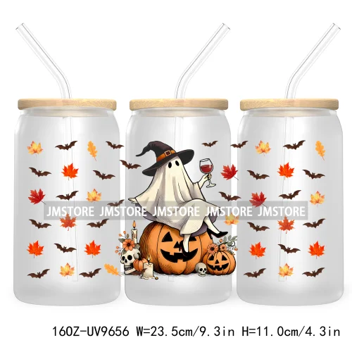 Spooky Ghost Fall Halloween Pumpkin Season UV DTF Sticker For 16OZ Libbey Glass Cup Can Autumn Leaves Wrap Transfer Stickers