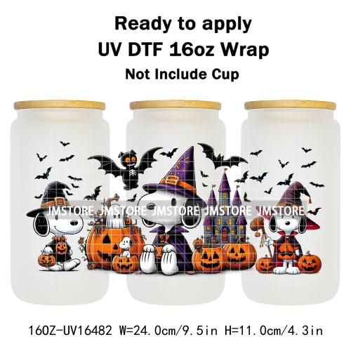Spooky Ghost Halloween Pumpkin Cartoon Dog 16OZ UV DTF Cup Wraps Ready To Apply Waterproof Transfer Sticker For Libbey Glass Can