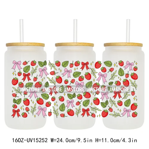 Floral Strawberry Coquette Bow 16OZ UV DTF Cup Wraps Ready To Apply Waterproof Transfer Stickers For Libbey Glass Can Tumbler