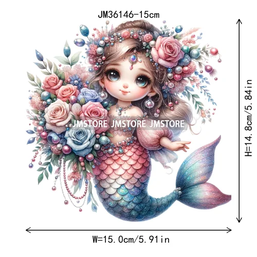15cm 5.9in Cute Kid Flower Mermaid Iron On DTF Heat Transfer Sticker For Clothes Printed Thermal Applique Washable T-Shirt Decal