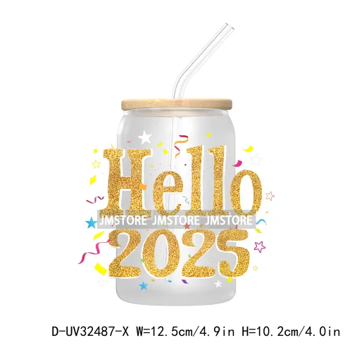 Retro Happy New Year 2025 Coquette Bow UV DTF Transfer Stickers Decals For Libbey Cold Cups Mugs Tumbler Waterproof Custom Logo