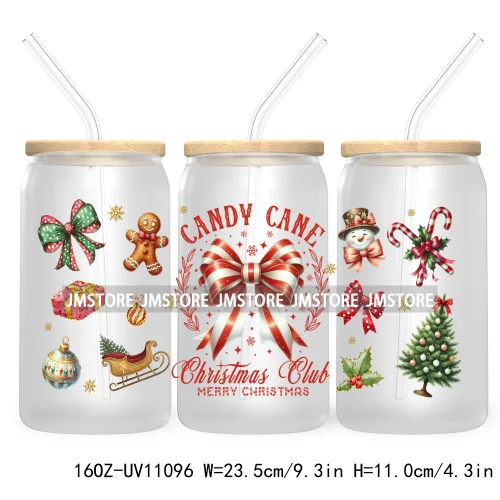 Candy Cane Christmas Club 16OZ UV DTF Cup Wrap Waterproof Transfer Stickers For Libbey Glass Can Football Mom Game Day Christmas