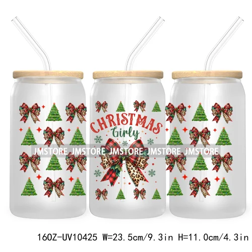 Christmas Girly Coquette Bow 16OZ UV DTF Cup Wrap Transfer Stickers Custom Labels For Libbey Glass Can Candy Cane Tis The Season