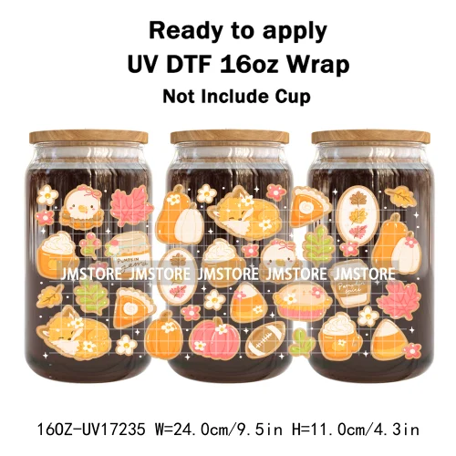 Bookish Autumn Fall Coquette Pumpkins Season UV DTF Wraps Transfer Sticker Selfadhesive Waterproof For 16OZ Libbey Glass Can Mug