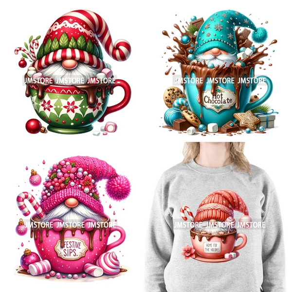 Funny Hot Cocoa Cup Festive Gnomes Wishes Candy Merry Christmas Iron On DTF Transfers Stickers Ready To Press For Sweatshirts